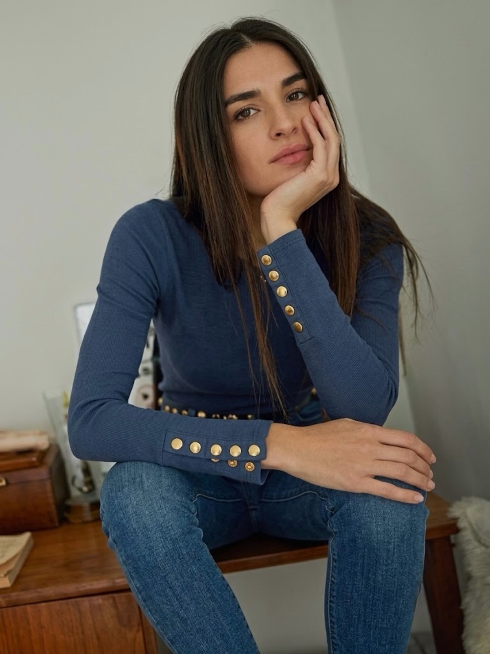 Anthropologie, Slate Gray Long-Sleeve Top with Gold Button Detail, Blue, L